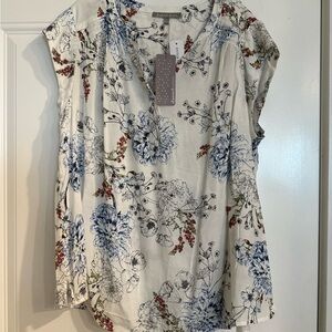 Daniel Rainn White Blouse with Blue and Red Floral Design NWT